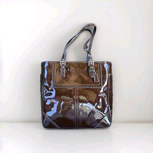 Coach Patent Leather Gallery Tote Mahogony Shoulder Bag Logo Large